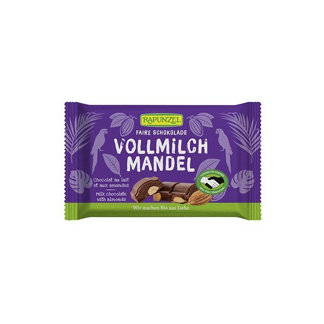 Ciocolata Cristalino cu lapte integral migdale intregi bio 100g, Rapunzel