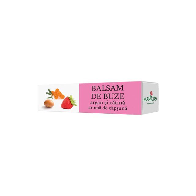 Balsam de buze cu ulei de argan, extract uleios de catina si aroma de capsuna 4,8g, Manicos