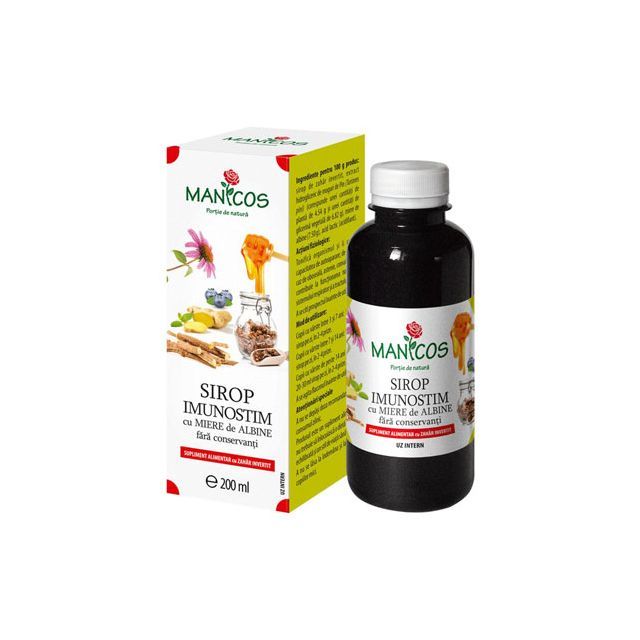 Sirop Imunostim cu miere, afine, echinacea, ghimbir, lemn-dulce si propolis 200ml, Manicos