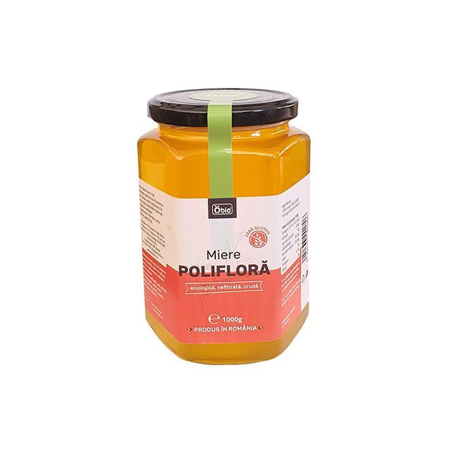 Miere poliflora bio, cruda, nefiltrata 1000g, Obio