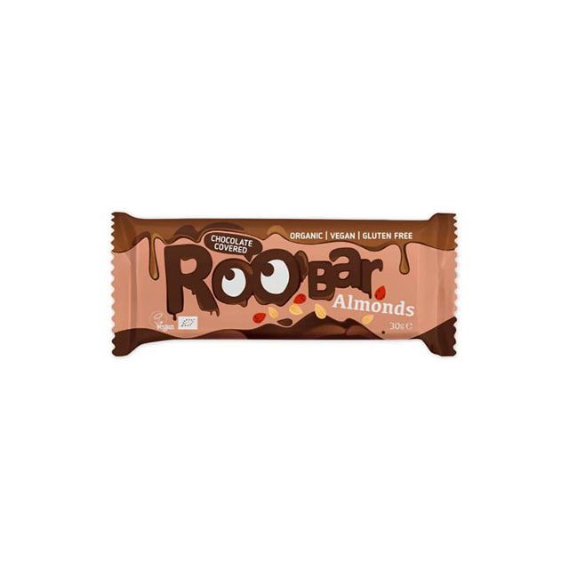 Baton cu migdale invelit in ciocolata bio 30g, Roobar