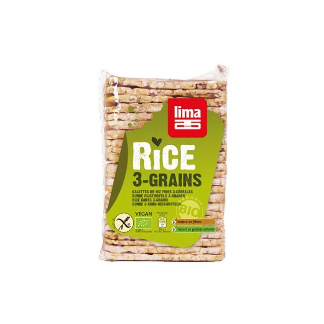 Rondele rectangulare de orez expandat cu 3 cereale bio 130g, Lima