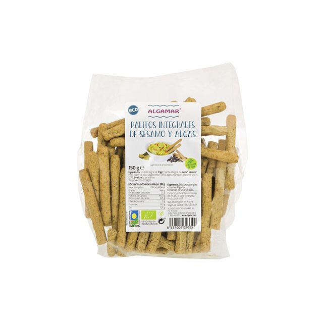 Sticks din grau integral cu susan si alge marine bio 100g, Algamar